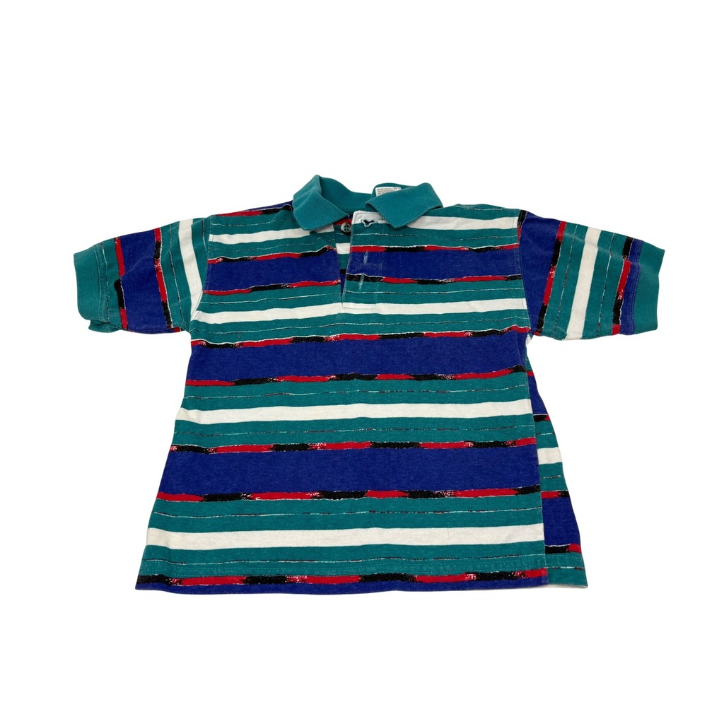 Young Classics Boys Vintage Striped Polo Shirt Teal Blue Red Size 5/6 Medium 90s